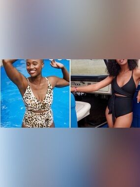 Set of 2 - Aerie Black & Animal Print Wrap One Piece Swimsuits